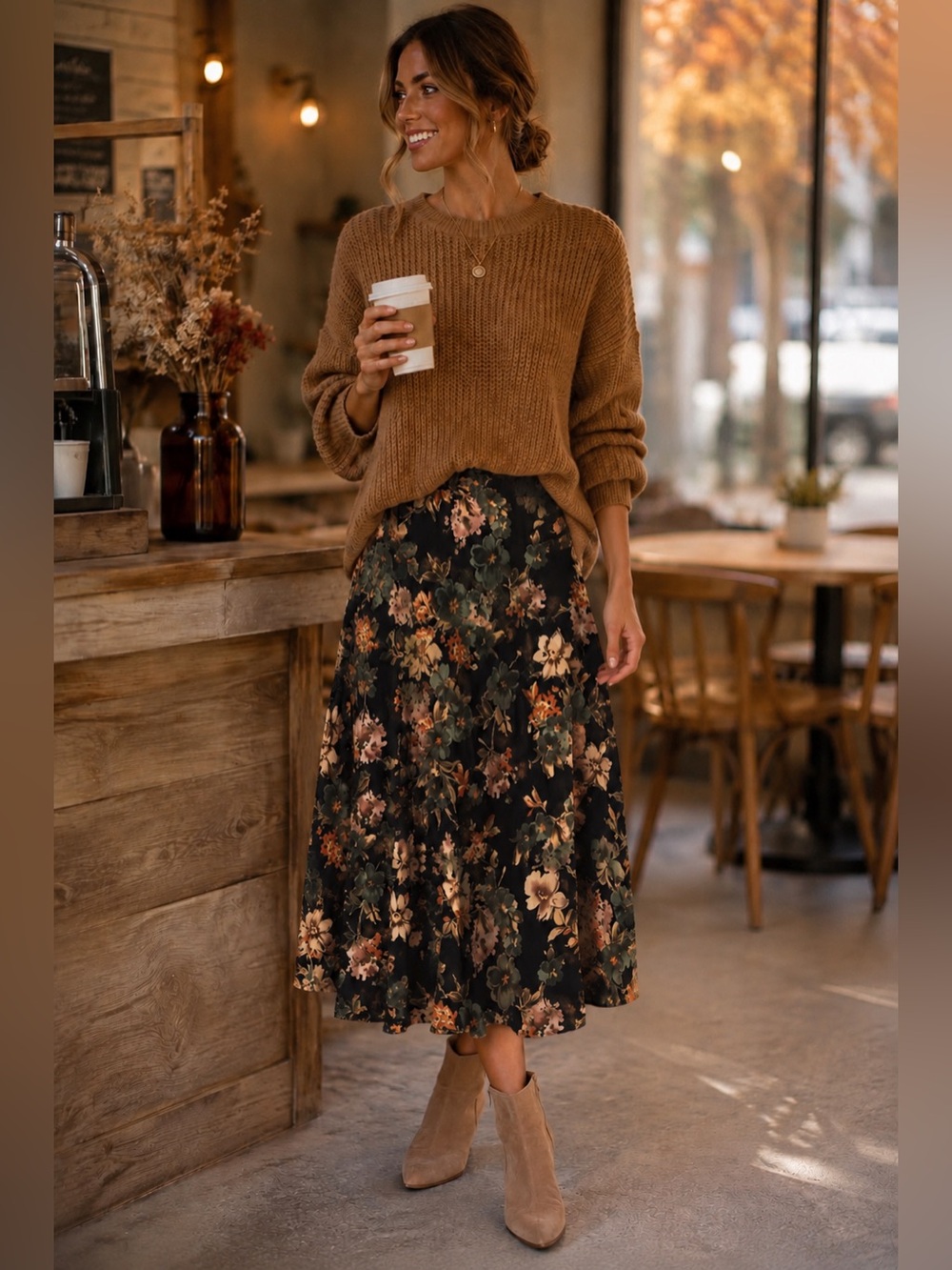 Vintage 90s Floral Midi Black Botanical Print A-Line Fall Boho Eclectic Skirt